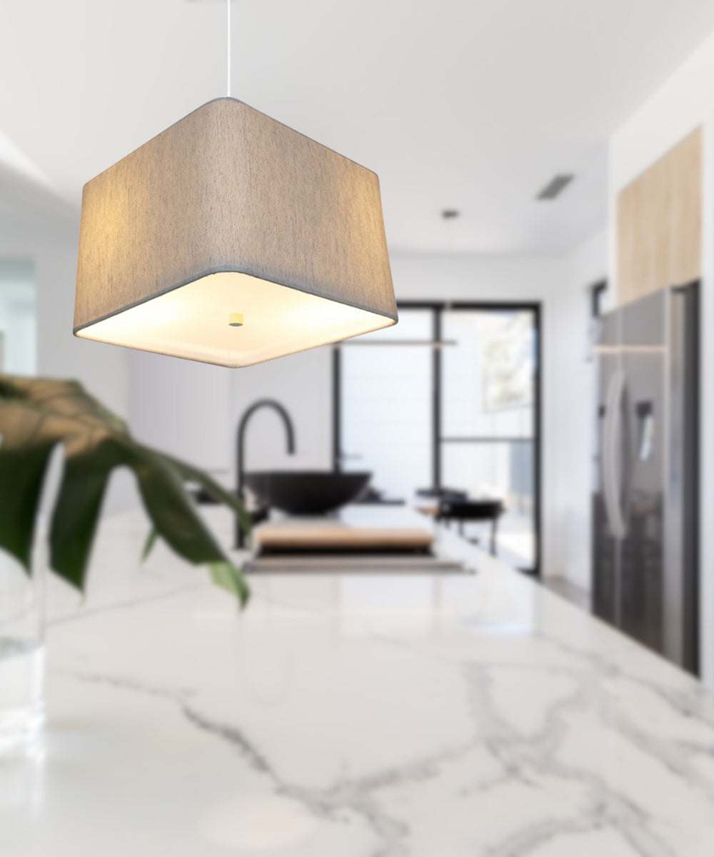 16" W Hardwired 2 Light Pendant Rounded Corner Square Oatmeal Drum Shade with Diffuser, White Cord