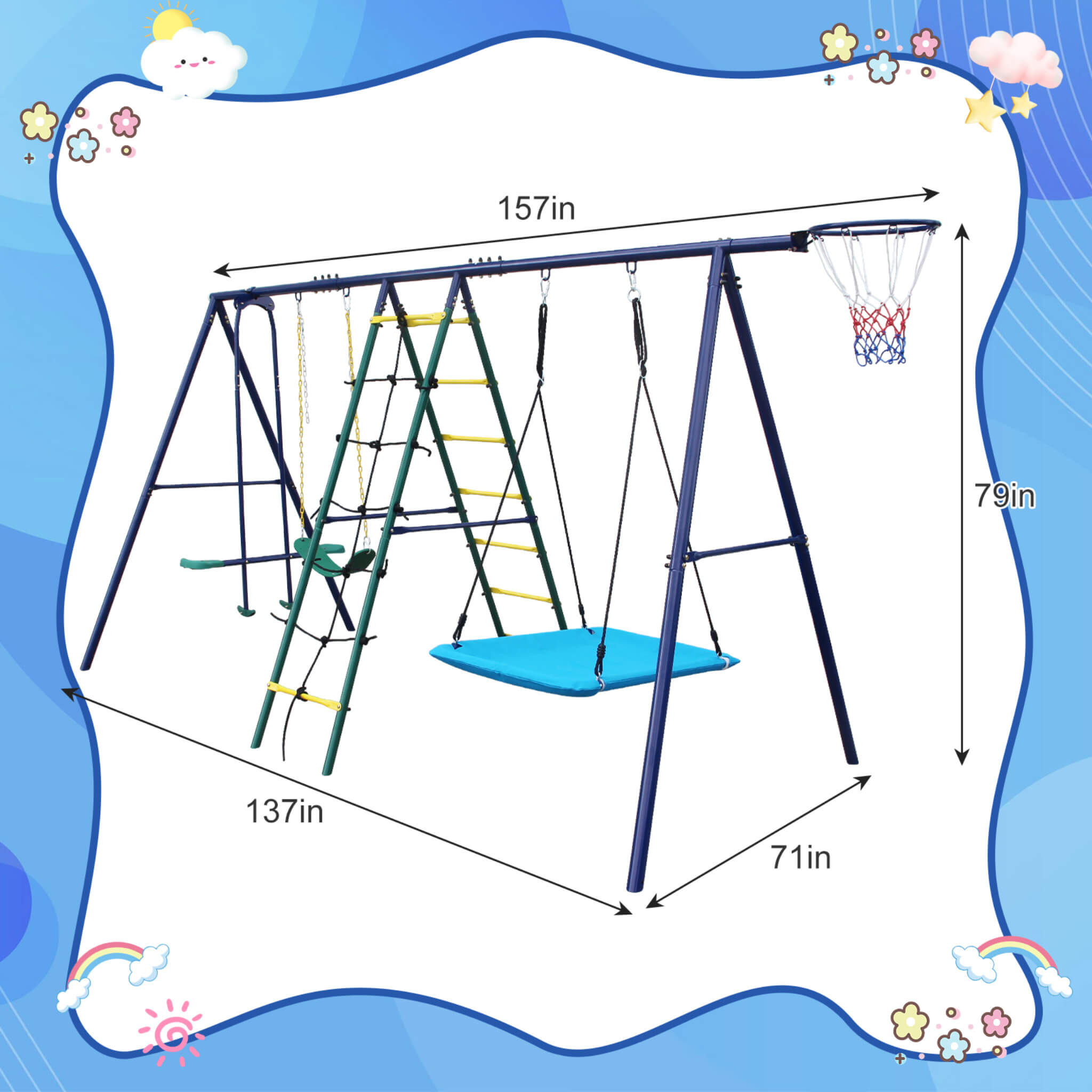 6-In-1 Outdoor Swing Set With Climbing Ladder Net And Basketball Hoop (SAK98152)