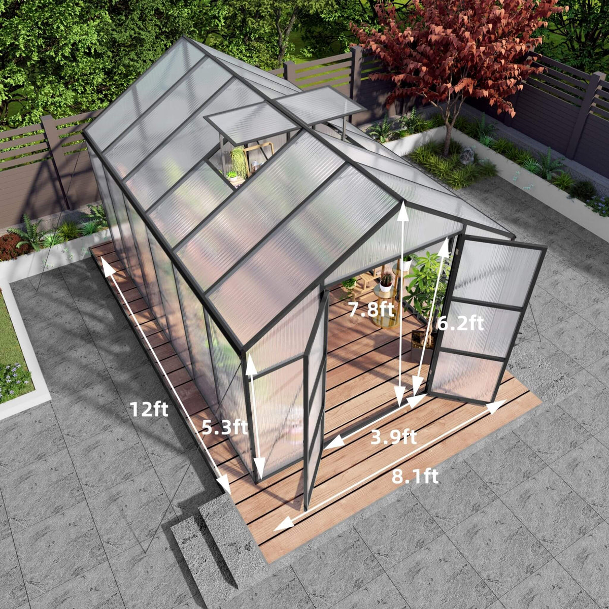 [08X12FT] All-Season Outdoor Backyard Polycarbonate Greenhouse With Raised Base And Aluminum Frame (SAK78614)