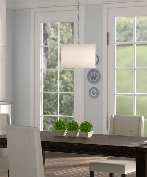 14"W Light Pendant Brushed Nickel Finish with White Linen Shade