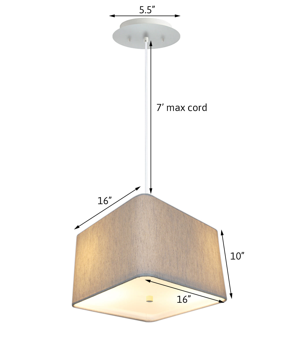 16" W Hardwired 2 Light Pendant Rounded Corner Square Oatmeal Drum Shade with Diffuser, White Cord