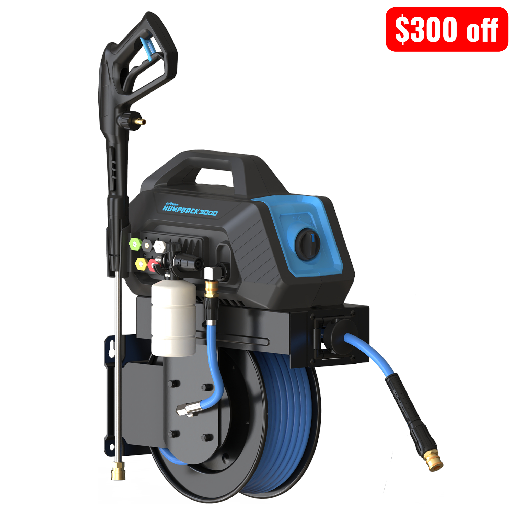 Blu Shield HumpBack 3000PSI All-in-One Pressure Washer System, Auto-Retractable Hose Reel, Industrial Pump, Accessories