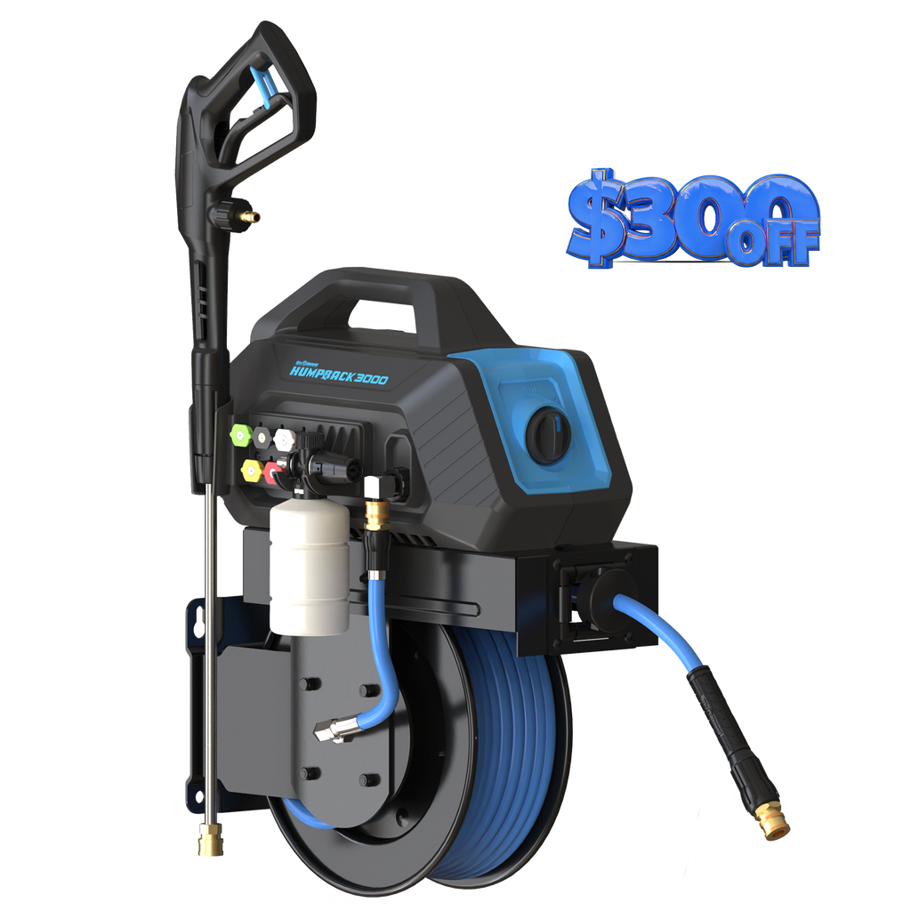 Blu Shield HumpBack 3000PSI All-in-One Pressure Washer System, Auto-Retractable Hose Reel, Industrial Pump, Accessories