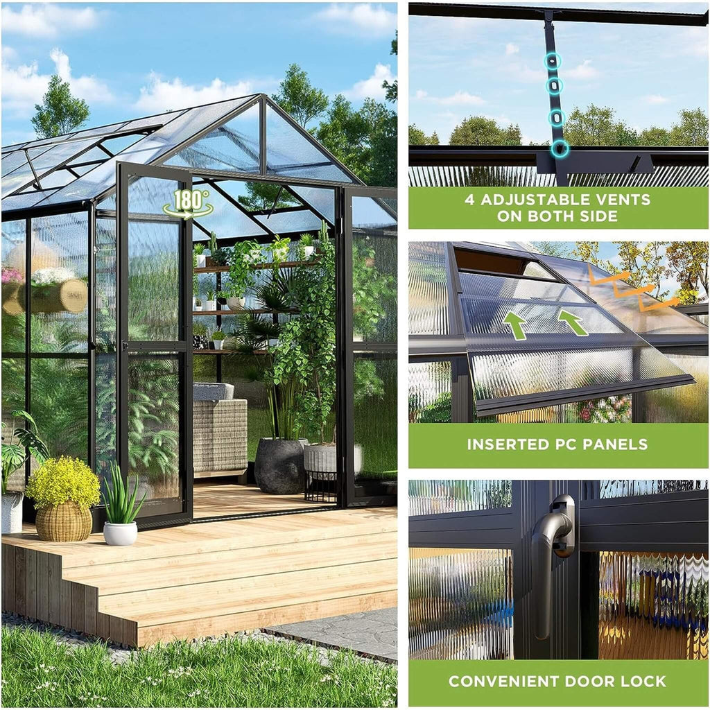 [08X12FT] Large Premium Outdoor Aluminum Polycarbonate Greenhouse With Double Swing Doors (SAK92641)